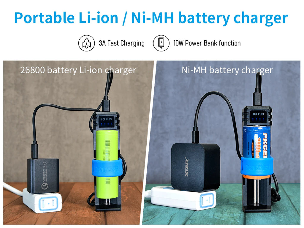 XTAR 26800 Battery Charger QC PD USB C 3A Fast Charging 21700 26650 26800 NiMH D Batteries 10W Power Bank 18650 Charger SC1 PLUS