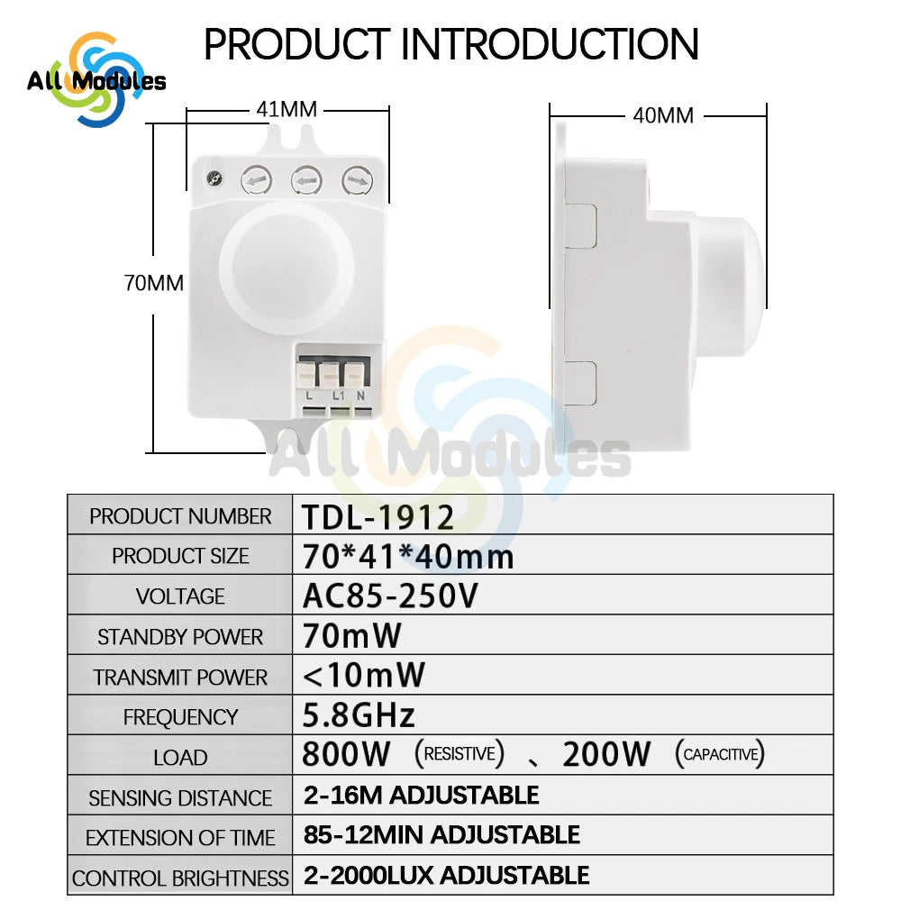 AC 220V 5.8GHz Microwave Radar Sensor Switch Human Body Motion Induction Sensor for LED Light Sensors Switches