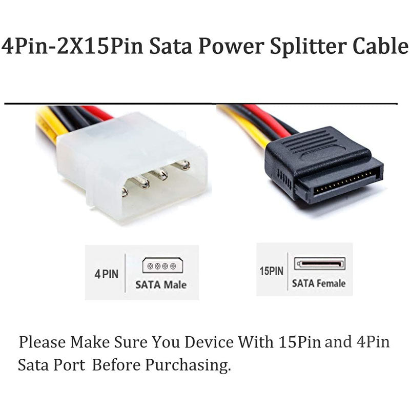 5pcs 4 Pin Molex To 2×15 Pin SATA Power Y-Cable Adapter For IDE 8 Inches