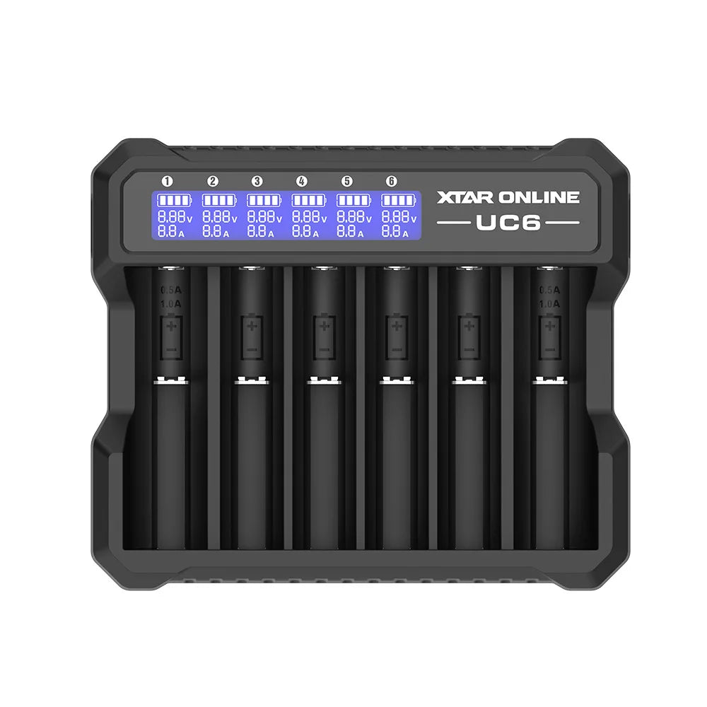 MC6C 6-Slot Independent Charger LCD Display for Li-ion Ni-MH USB-C Input 0V for 21700 18650 Li Battery AA AAA Battery Activation