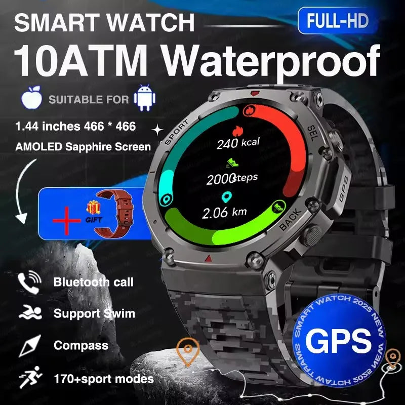 2025 New Military Bluetooth Call Smart Watch Built-in GPS Compass Barometric Altimeter 10ATM Waterproof Sports Smartwatches Men