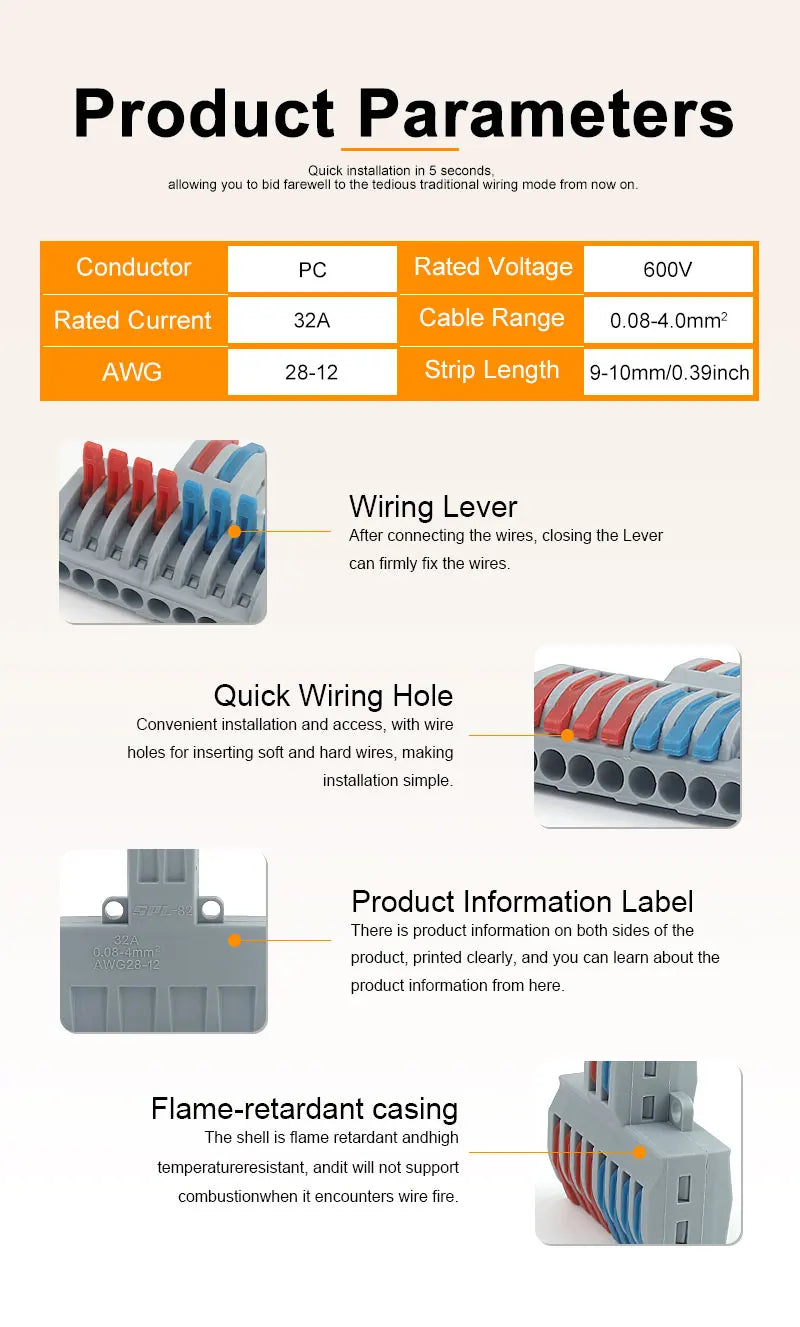 5PCS Quick Lever Electrical Connector Compact Conductor Wiring Terminal Block Universal Push-in Wire Connectors Cable Splitter
