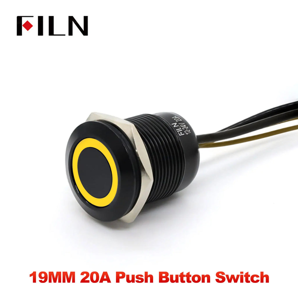 FILN 19MM 20A 12V 24V 110V 220V LATCHING MOMENTARY Flat Ring Round Push Button Switch IP66 Metal Stainless Steel  with 20cm Wire