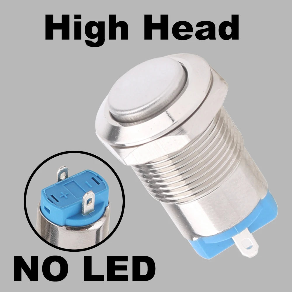 1 pc 12mm metal push button waterproof nickel plated brass switch flat high head Round shape momentary self reset 1NO latching