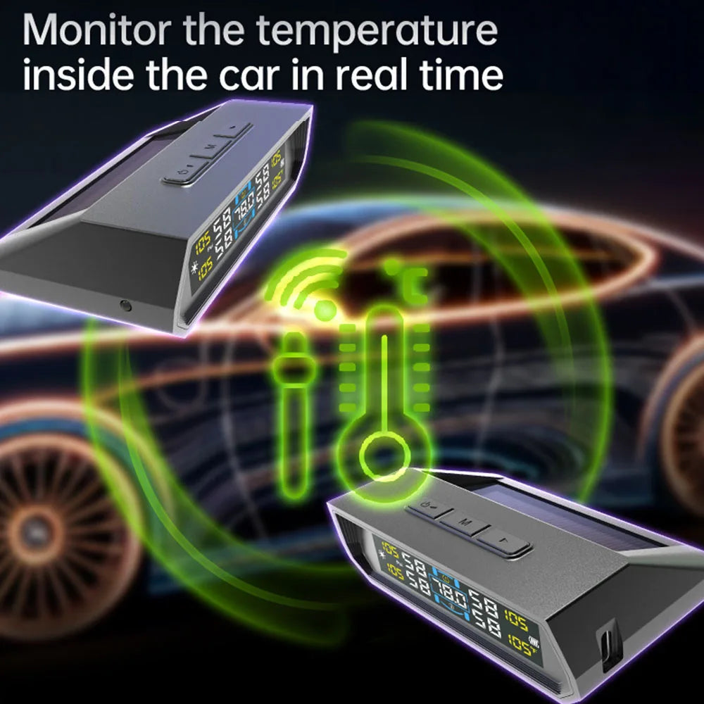 Tire Pressure Monitoring System Auto Security Alarm Systems Solar/USB Powered Tyre Temperature Monitor Car TPMS 4 Sensors