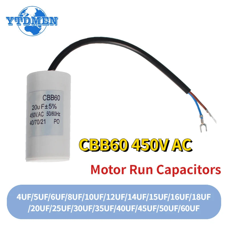 1PCS CBB60 Motor Run Capacitor 450V AC Starting Capacitors 5% 4UF 8UF 10UF 16UF 25UF 30UF 60UF for Washing Machine, Water Pump