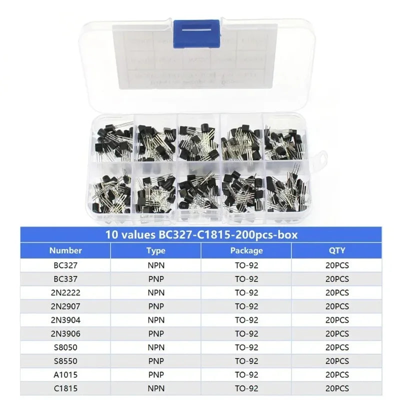 Transistor Assortment Kit TO92 PNP/NPN A1015 BC327 BC337 C1815 S8850 2N2222 2N2907 2N3904 2N3906 for Electronics DIY Repair