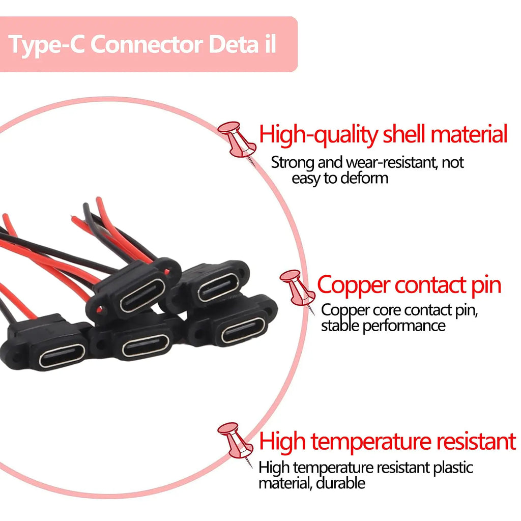 5/10/15PCS Flat Black Type-C Female Chassis 2 Pin Type-C Female Socket Connector Jack Female Charging Port 3A USB-C Charger Plug