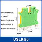 5Pcs USLKG-2.5/3/5/6/10N Terminal Block UK Yellow Green Ground Terminal Block Two-color 34A-101A 800V Rail Ground Terminal Block