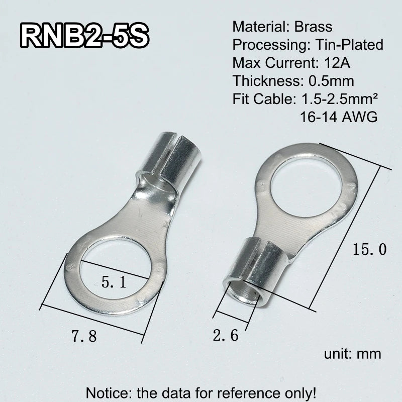 100pcs RNB Brass Ring Bare Terminal Block Connector Cable Lugs Wire Crimping Tips Electrical Connection Strips 12V 2.5mm 4mm 6mm