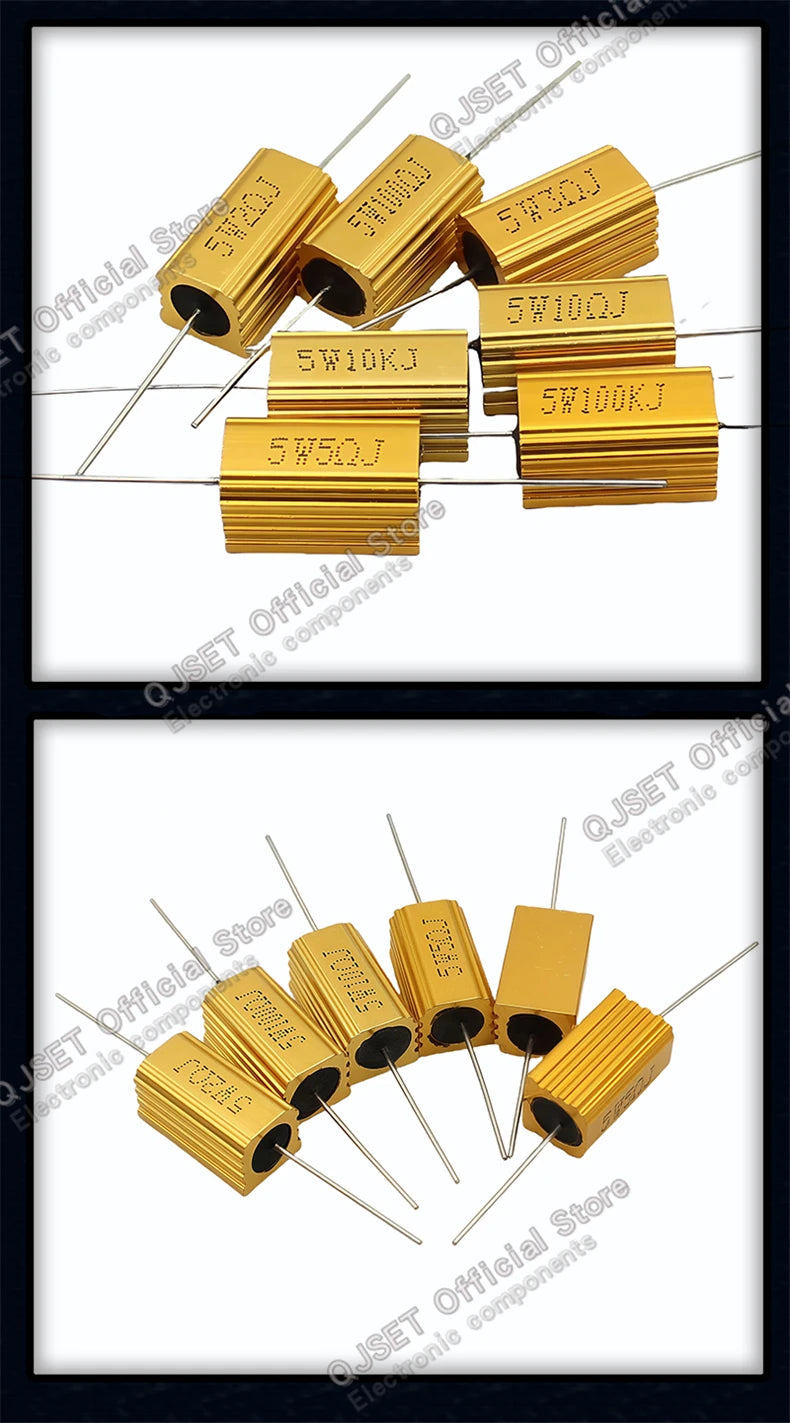 1pcs Gold Aluminum Housed High Power Resistors RX24-5W 0.1R 1R 2 3 4 5 6 8 10 20 47 100 150 200 300 470 Ohm 1K Ohm 10K 100K Ohms