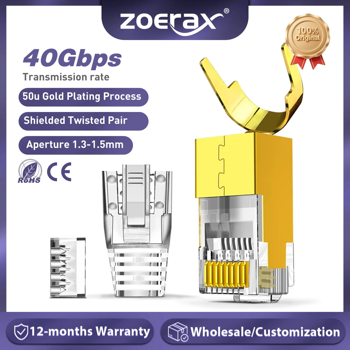 ZoeRax CAT8 CAT7 CAT6A Connector, Non-Pass Through RJ45 Connectors, 3-Prong 50μ Gold Plated with Strain Relief Boots