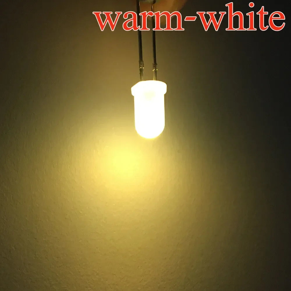 100pcs 5mm Round Diffused White Red Green Blue Yellow Warm Lightemitting Diode 2pin LED 6000~6500K Bulb Light Diodes Lamp 3V