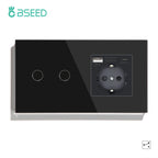 BSEED EU Standard 1/2/3Gang 2Way Wall Touch Switch Light Sensor Switches Wall Socket USB Type-C Crystal Glass Panel 240V Black