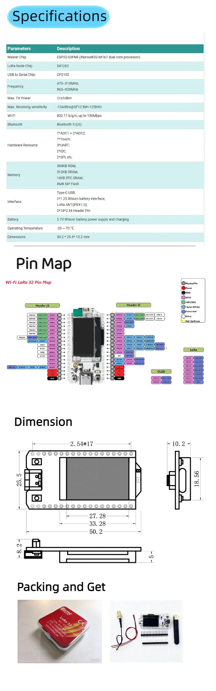 Heltec V3 WiFi LoRa 32 ESP32 LoRa WiFi BLE OLED Low Power IoT 863-928MHZDev-Board Kit Meshtastic MeshCore Arduino Supported