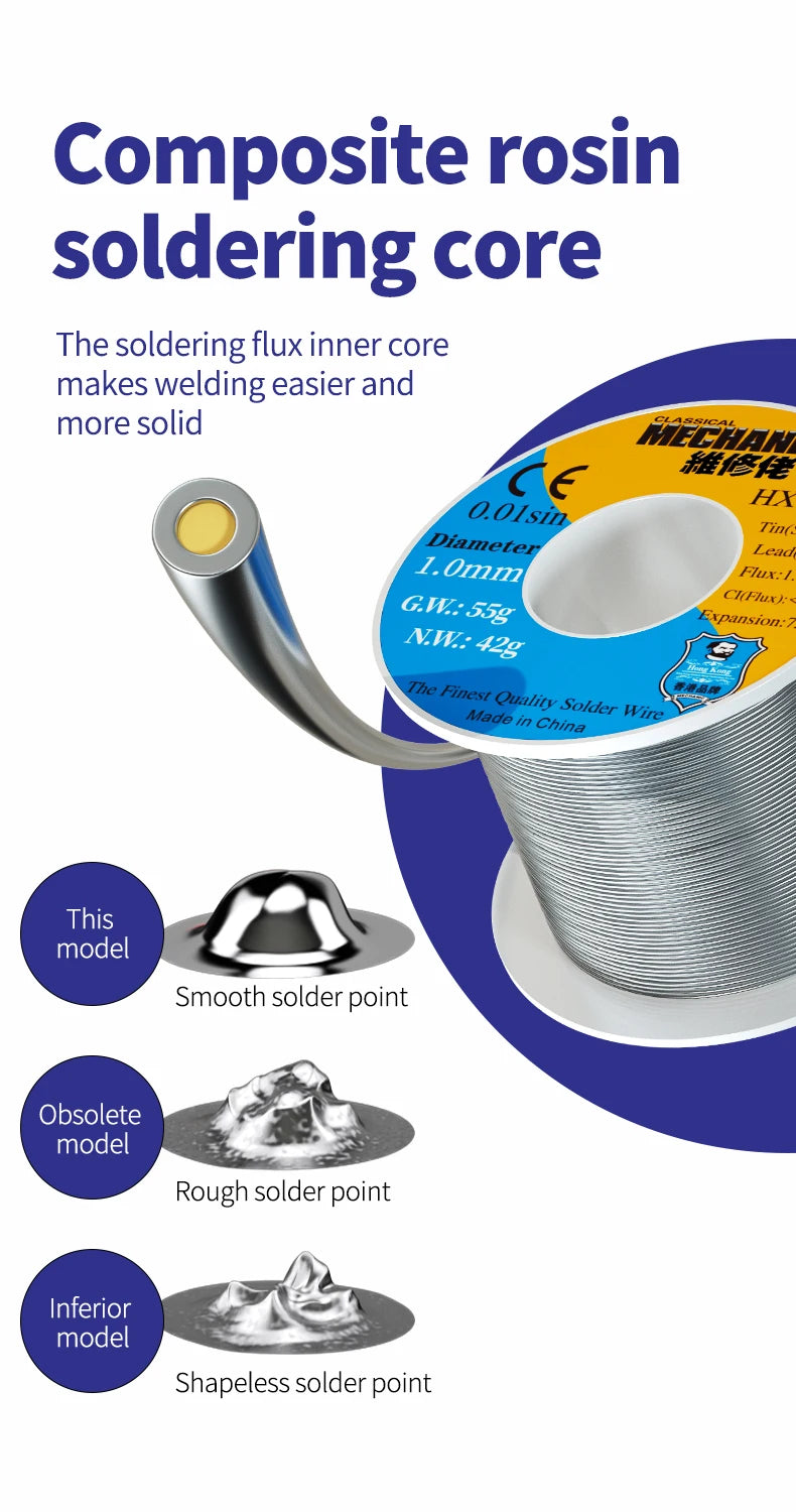 MECHANIC OFFICIAL HX-T100 55G High Purit Low Melting Point Fine Solder Wire Rosin Core 0.2mm-1.2mm For Mobile Phone Repair