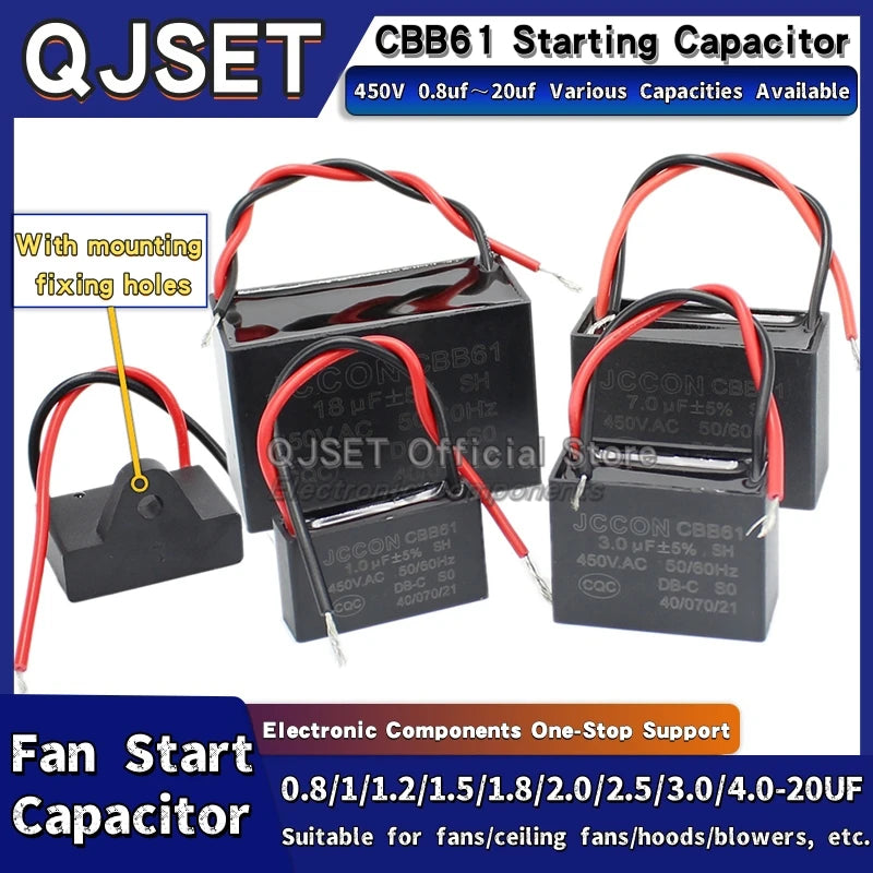 1pcs CBB61 Fan Starting Capacitor 450V 0.8/1/1.2/1.5/2/2.5/3/3.5/4/4.5/5/6/7/8/10/12/15/18/20UF Ceiling Fan Hood Motor Capacitor