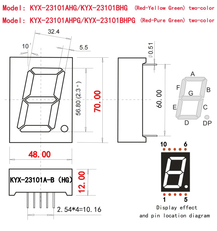10PCS 2.3-inch digital tube 48mmX70mm digital display screen "8" high 56.8mm 7-segment digital tube 23101 series