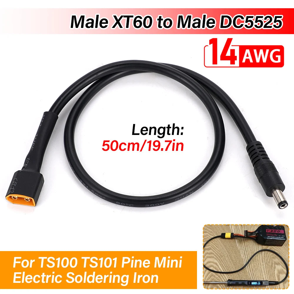 XT60 Male Bullet Connector to Male DC5525 Power Adapter Cable Cord For TS100 TS101 Pine Electric Soldering Iron Battery Charging