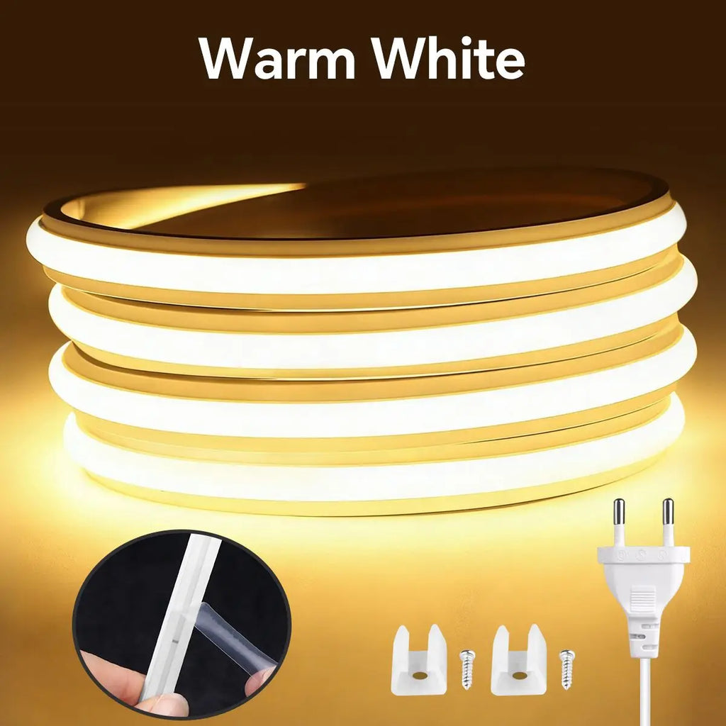 Super Bright 220V COB LED Strip Neon Lights 280LEDs/m Flexible Kitchen Lamp RA90 Waterproof LED Tape With EU Power Plug 1M-30M