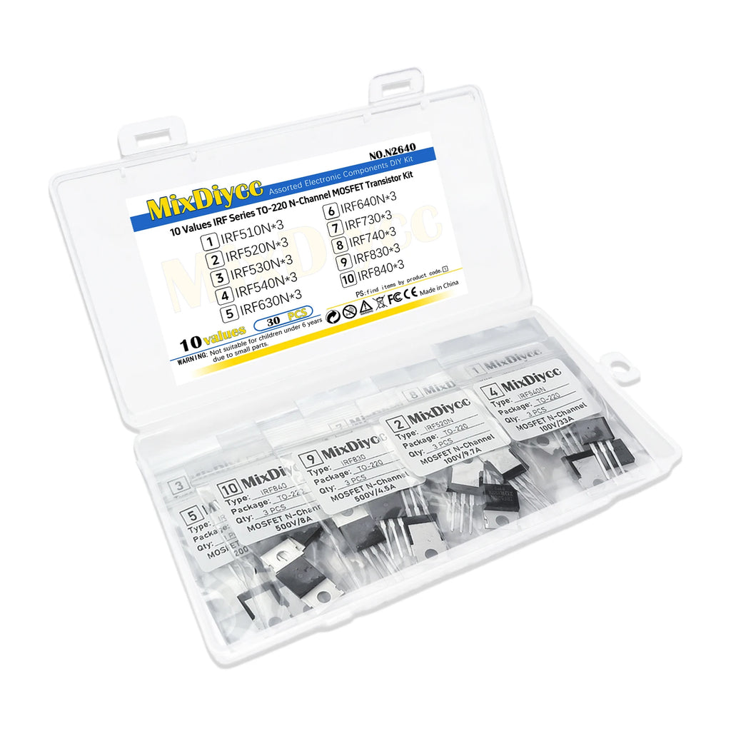 10 Values IRF MOSFET Kit TO-220 IRF510N IRF520N IRF530N IRF540N IRF630N IRF640N IRF730 IRF740 IRF830 IRF840 Total 30 pcs