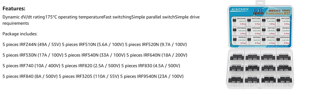 AUKENIEN Mosfet Transistor Kit 12Values 60PCS IRFZ44N IRF510N-IRF540N IRF640N IRF740 IRF820 IRF830 IRF840 IRF3205 IRF9540N TO222