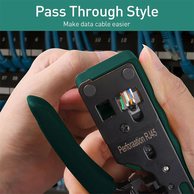 Rj45 Rj12 Rj11 Pass Through Crimp Plier Cat7 Cat6 Cat6A Cat5 Cat5e Stripping Crimping Tool with 8P/6P Ethernet Connectors