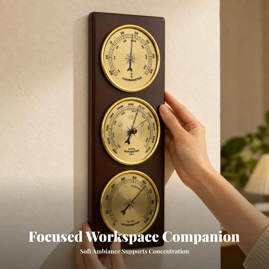 Triple Dial Wall Mounted Barometer Wooden Base Analog Weather Station for Home Office Gift Idea