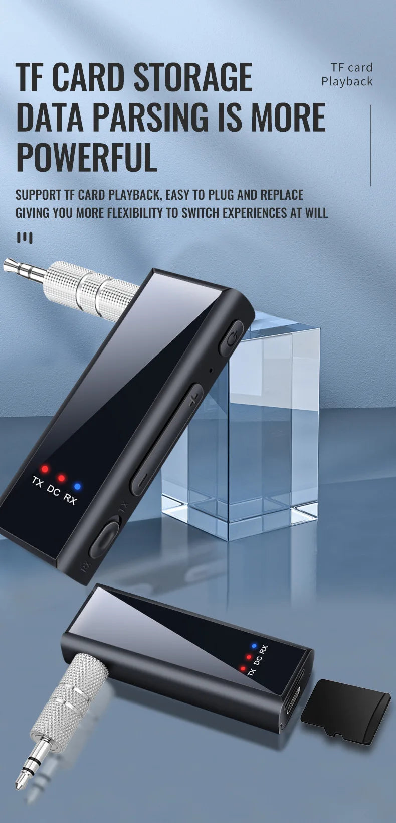 KEBIDUMEI 2 in 1 Bluetooth 6.0 Audio Transmitter Receiver 3.5MM AUX TF Card Stereo Music Wireless Adapter With Mic For Car TV PC