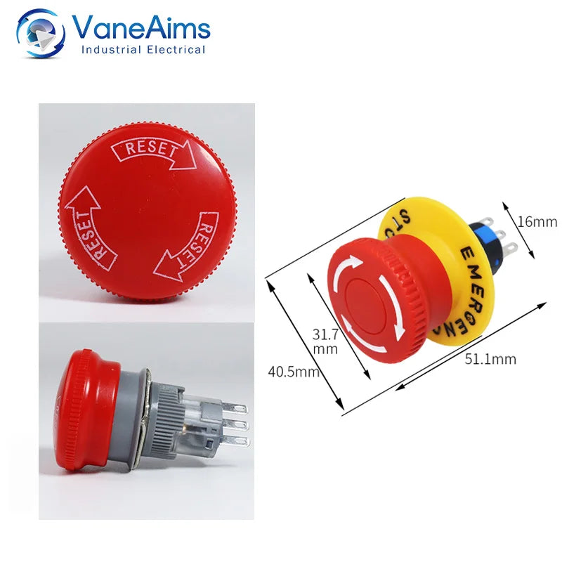 16mm Plastic Emergency Stop Switch Latching Self-locked 1NO1N Red Mushroom Head Electrical Control Push Button Switch VaneAims