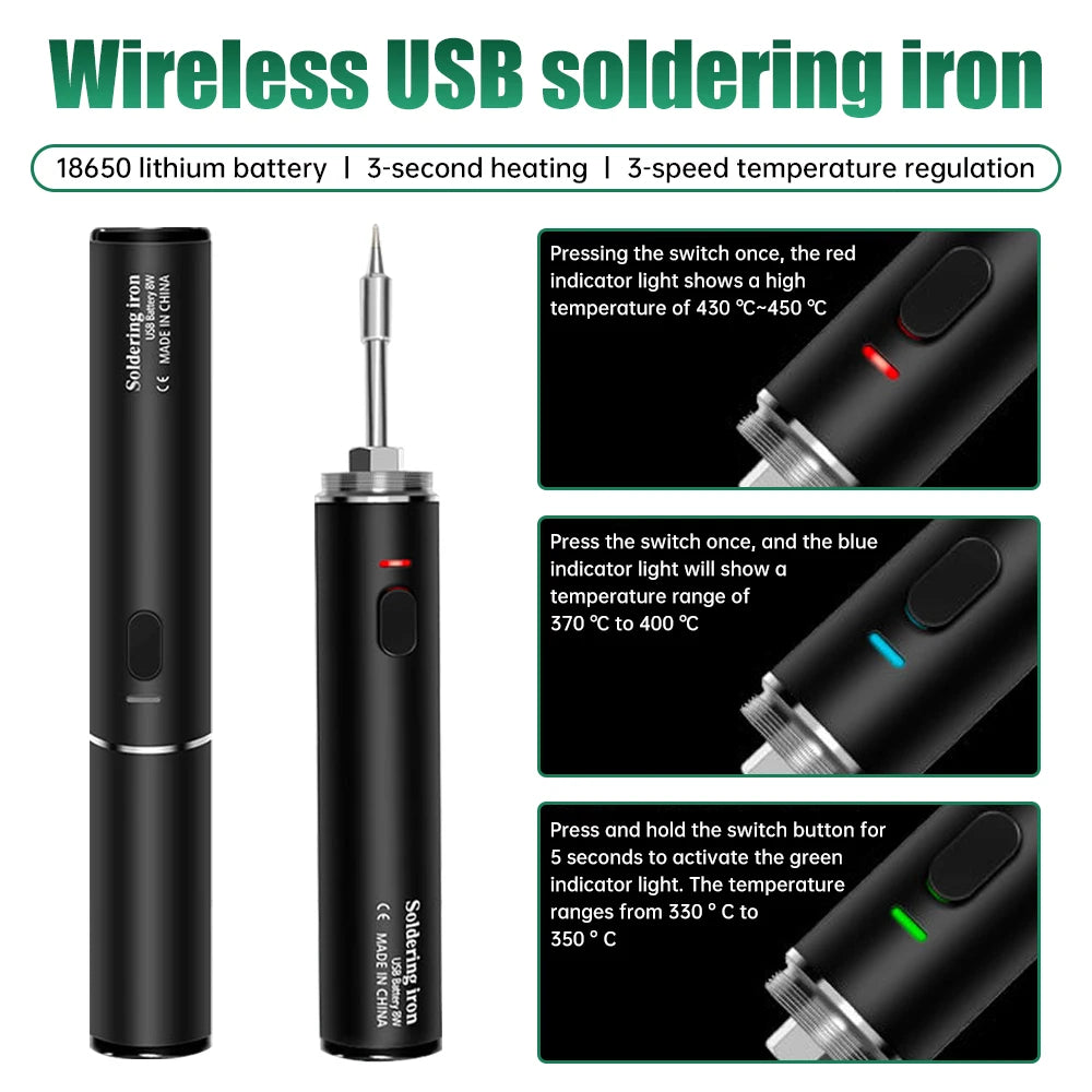 Wireless 5V Soldering Iron Set 18350 Lithium Battery USB Charging DIY Repair Tool Manual Radio Adjustable Temperature