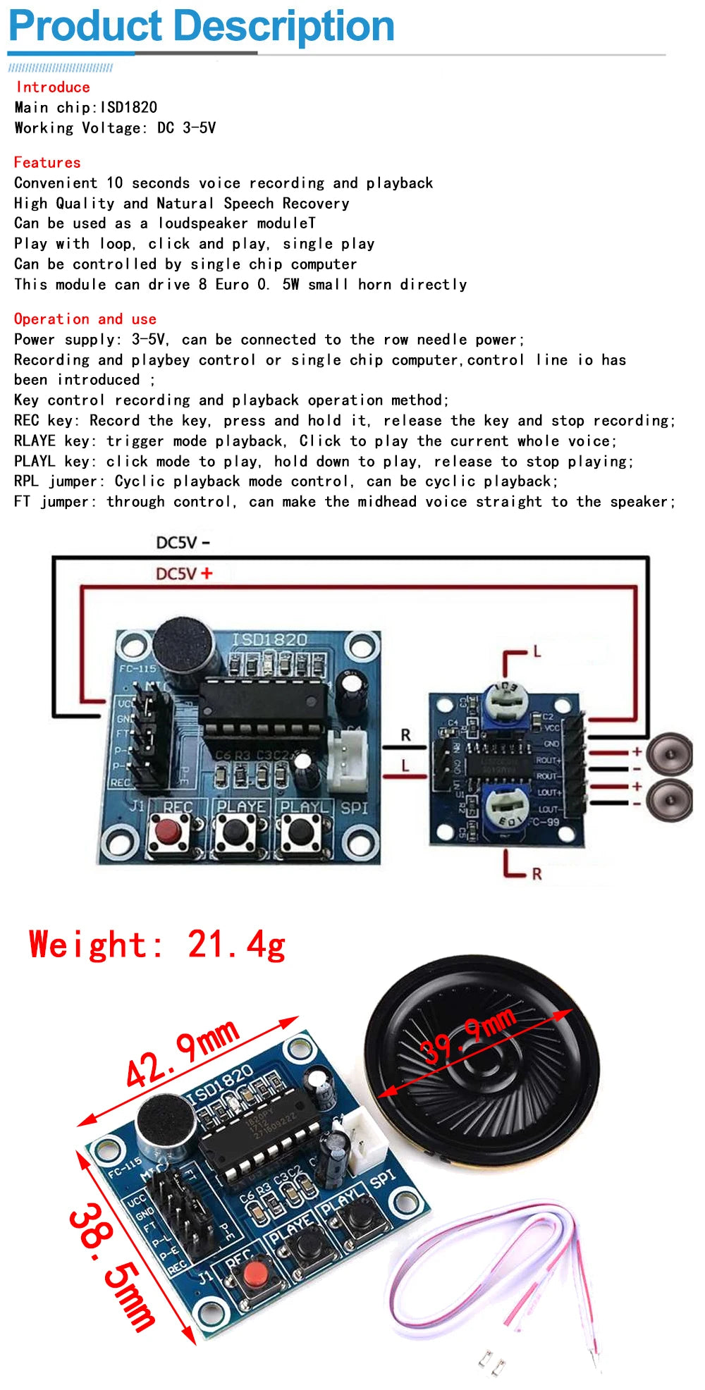 ISD1820 recording module voice module the voice board telediphone module board with Microphones + Loudspeaker