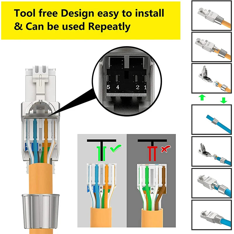 Denswire CAT7/CAT6A RJ45 Connectors, Tool-Free Shielded Zinc Alloy Ethernet Plugs Termination Plug Fits Solid/Stranded Cable
