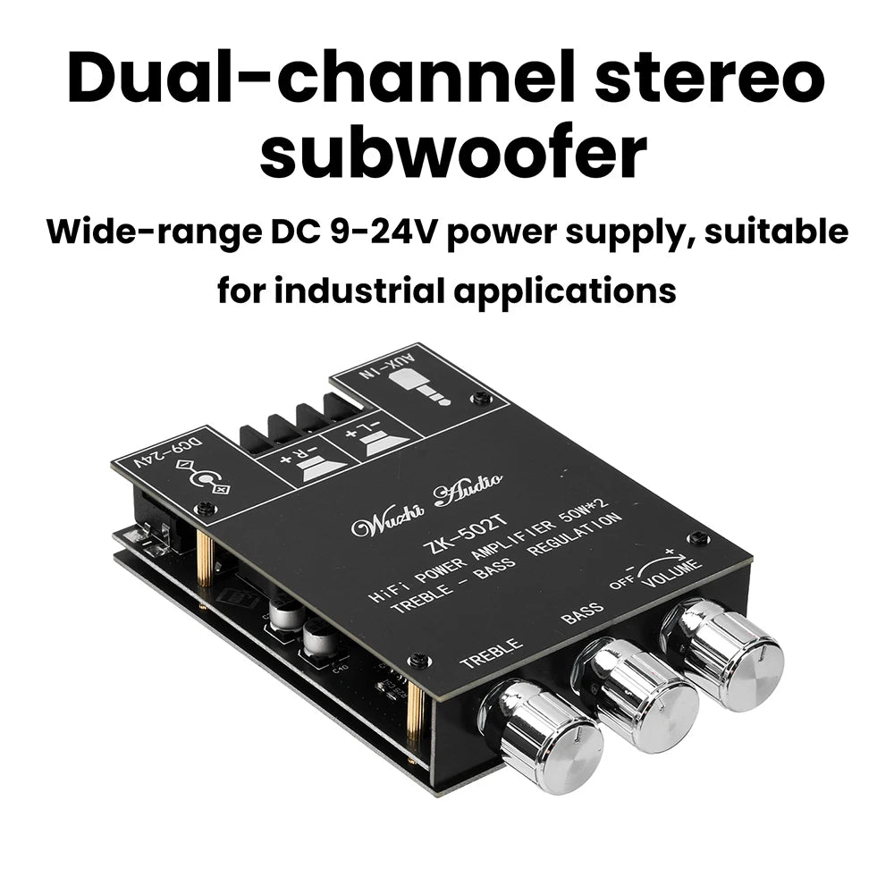 ZK-502T Dual Channel Stereo Power Amplifier Module TPA3116D2 Chip 50Wx2 Bluetooth 5.0 AUX Input DC9-24V High Low Bass Adjustment Audio AMP Board for Speaker DIY