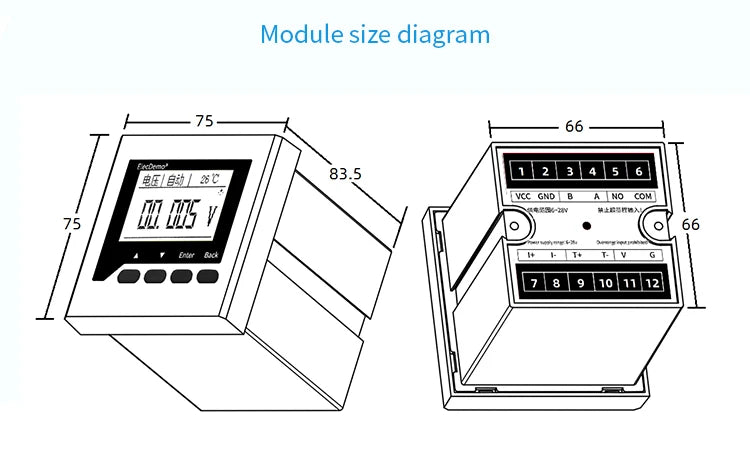 High Precision Isolated Dual Display DC Voltmeter Ammeter Panel Meter, uA Level Detection Threshold Alarm, RS485 Modbus RTU LED