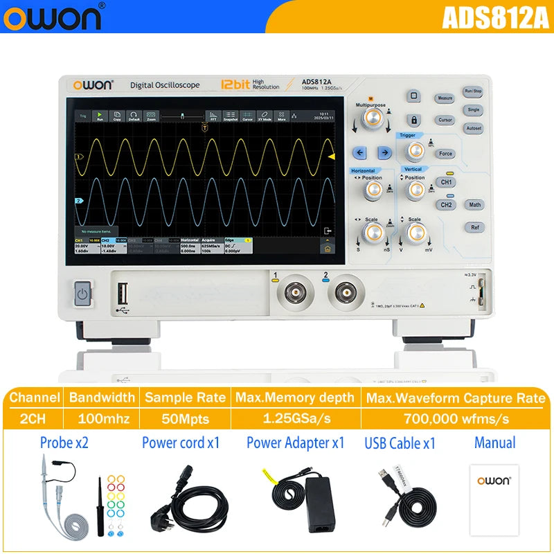OWON ADS800A Portable Digital Oscilloscope 100MHz Bandwidth 1GSa/s 7" TFT-LCD Storage Multimeter Auto Measure USB/PC Connect