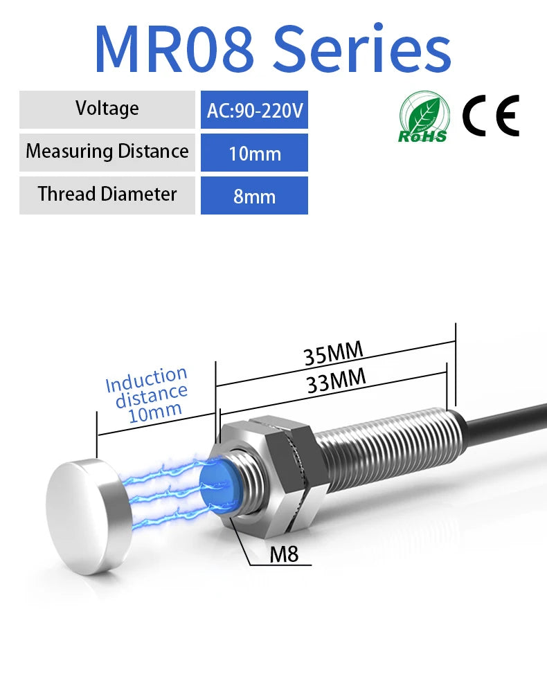 GTRIC Magnetic Reed Proximity Sensor Switch M08/12/18 Flush Type 10MM Detection Distance 5-220V AC DC 2 Wires PNP/NPN NO NC