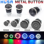 12/16/19/22mm Black shell Push Button Switch Metal Waterproof Latching Momentary LED Light Car Engine Power Switch Blue Red HUSA