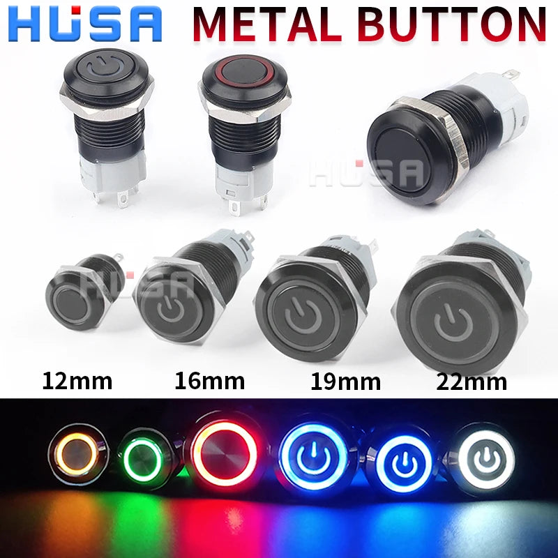 12/16/19/22mm Black shell Push Button Switch Metal Waterproof Latching Momentary LED Light Car Engine Power Switch Blue Red HUSA