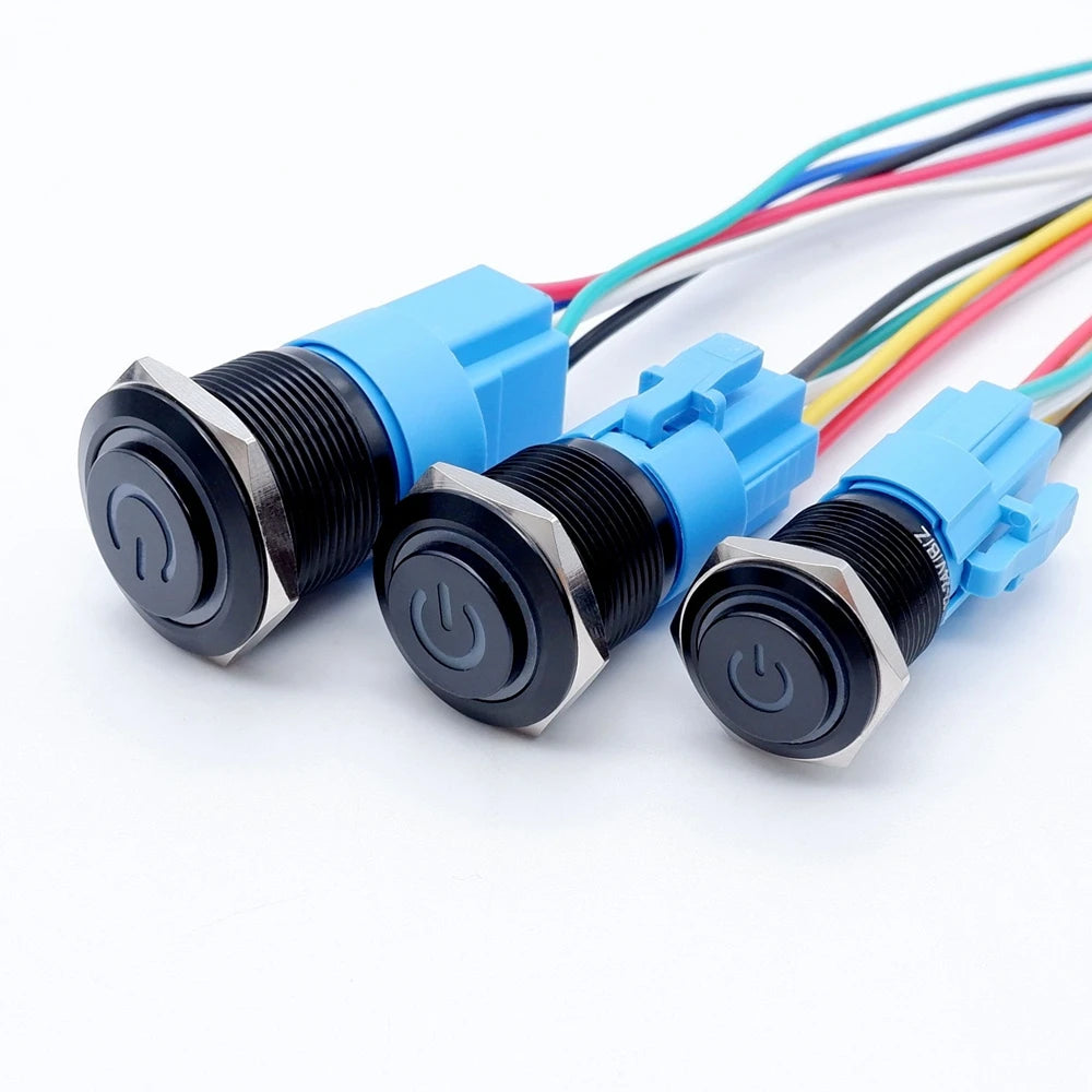 16mm 19mm 22mm Black On Off Metal Button Switch Car Power Start Stop Led Light Waterproof Reset Latching With Socket 5V 12V 220V