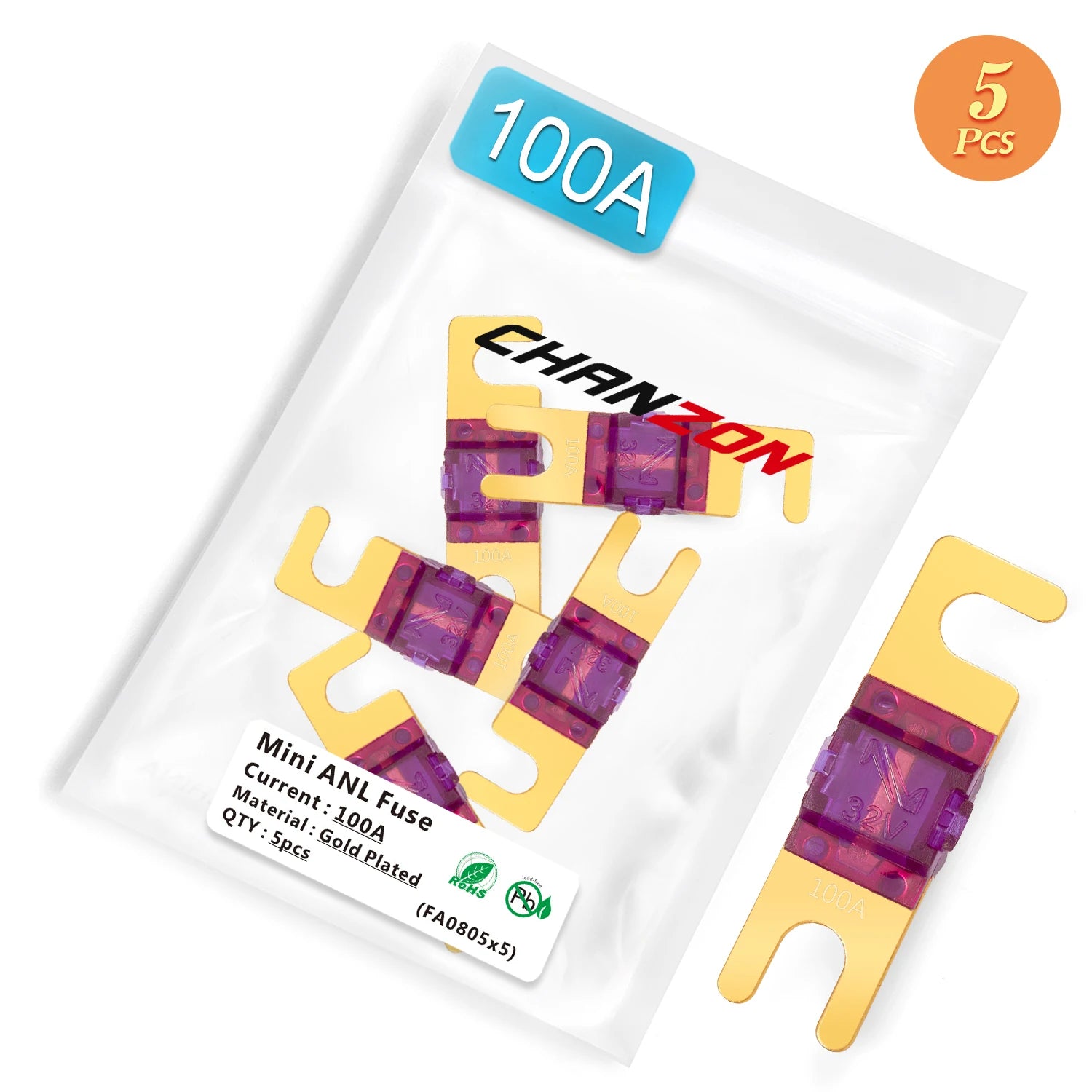 5pcs Gold Plated Mini AFS ANL Bolt Fuse 30 40 50 60 70 80 100 125 150 Amp A 5V 12V 24V 32V Car Auto Audio Bolt-on Fusee