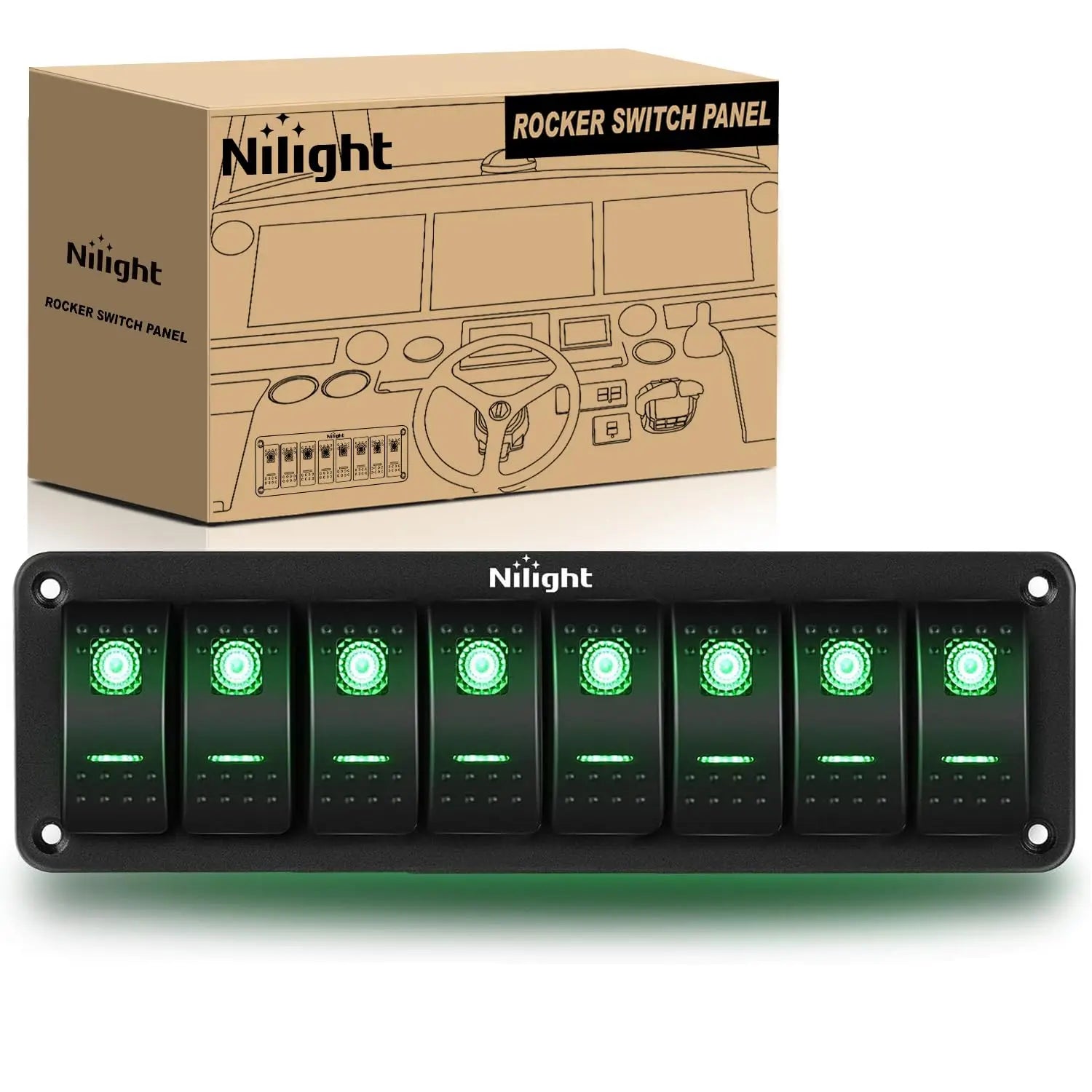 Nilight 8 Gang Rocker Switch Panel 5Pin On Off Toggle Aluminum Holder 12V 24V Dash Pre-Wired Red Backlit Switches for Automotive Cars Marine Boats RVs Truck