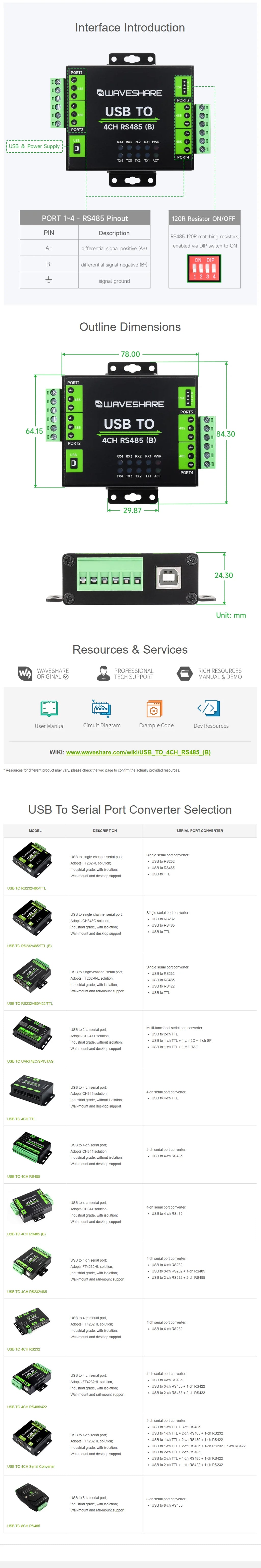 Waveshare Industrial Isolated USB To 4-Ch RS485 Converter (B), CH344L Chip, Multi Protection Circuits, Multi Systems Support