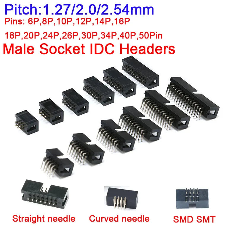 5-50Pcs Dip 6/10/20-40Pin 1.27mm 2.0mm 2.54mm Pitch Male Socket Straight Idc Box Headers Pcb Connector Double Row Dc3 Header