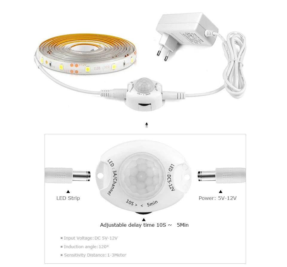 1-5m PIR Motion Sensor LED Strip Lights DC 12V Diode Tape Waterproof Auto On/Off Stairs Wardrobe Closet Kitchen Backlight Light