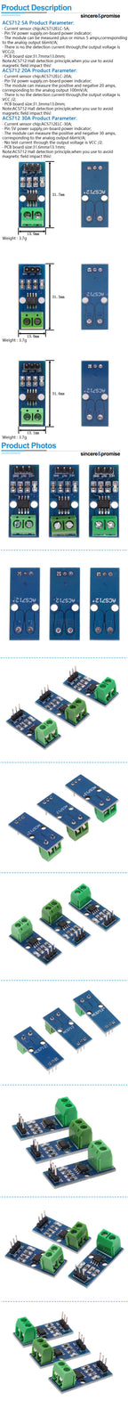 1PCS NEW 5A 20A 30A Hall Current Sensor Module ACS712 Model For Arduino AC DC Current Detection Board