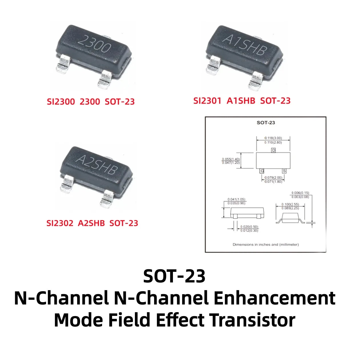 100-500Pcs SOT‑23 SI2300/2300 SI2301/A1SHB SI2302/A2SHB N‑Channel P‑Channel MOSFET Field Effect Tube Transistor Power Switch