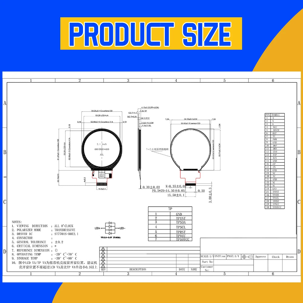 2.1 Inch TFT LED Display Module Round Screen HD IPS 480*480 SPI RGB Interface MIPI HDMI Driver ST7701S Capacitive Touch Screen