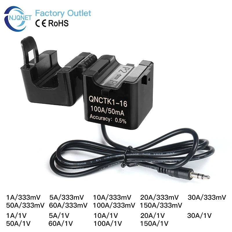 Split Core CT Current Transformer Factory QNCTK1-16 100A 333mV 60A 50A 1V 30A 20A 5A 1A 0.333V 100A/50mA Clamp ct Current Sensor