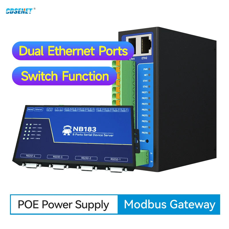 RS485 RS232 to Ethernet 8 Ways Serial Server NB183-V2 Series TCP UDP MQTT HTTP Modbus Gateway TCP- RTU POE